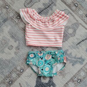 Ruffle Butts Baby Girl 2-piece Flower And Stripes Swimsuit Bikini Sz3-6m